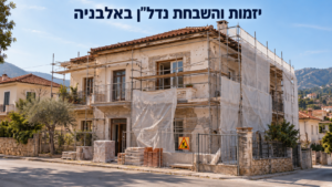 מבנה קטן בן שתי קומות בשיפוץ, עם פיגומים, יריעות לבנות וחומרי בנייה בחזית